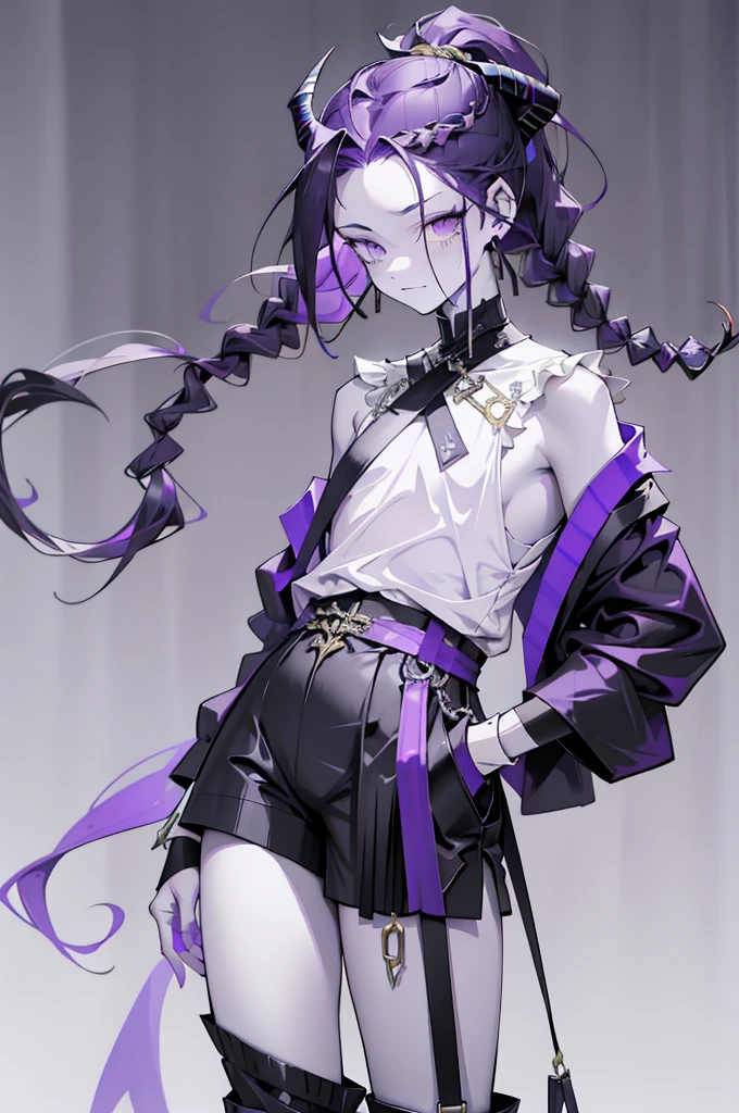 cheerful boy with open forehead. dark purple hair braided in a ponytail on the left side to one side. sinuous black horns wrapped in dark purple ribbon. pale violet eyes. in short dark purple shorts. long white T-shirt. dark purple knee-high socks. white long robe with hood. black ancient stone walls of the castle purple light from lamps with gold ornaments