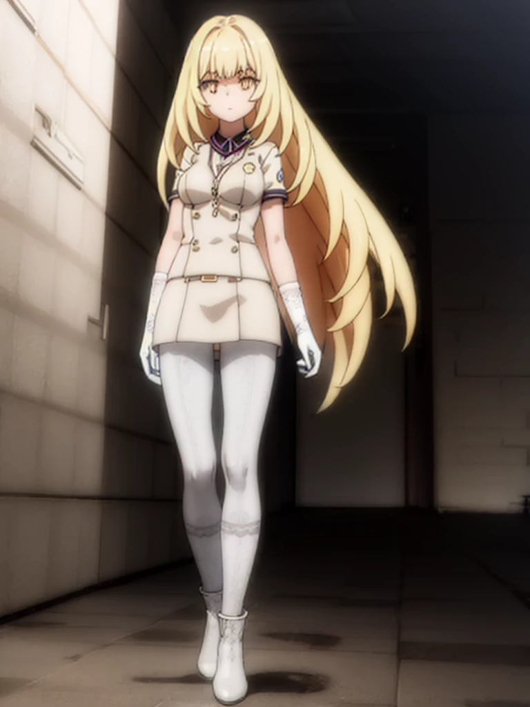 ,long hair,straight_hair,bright_pupils,cleavage,slender_waist,ankle_boots,elbow_gloves,1girl,white_pantyhose,lace,Uniforms
