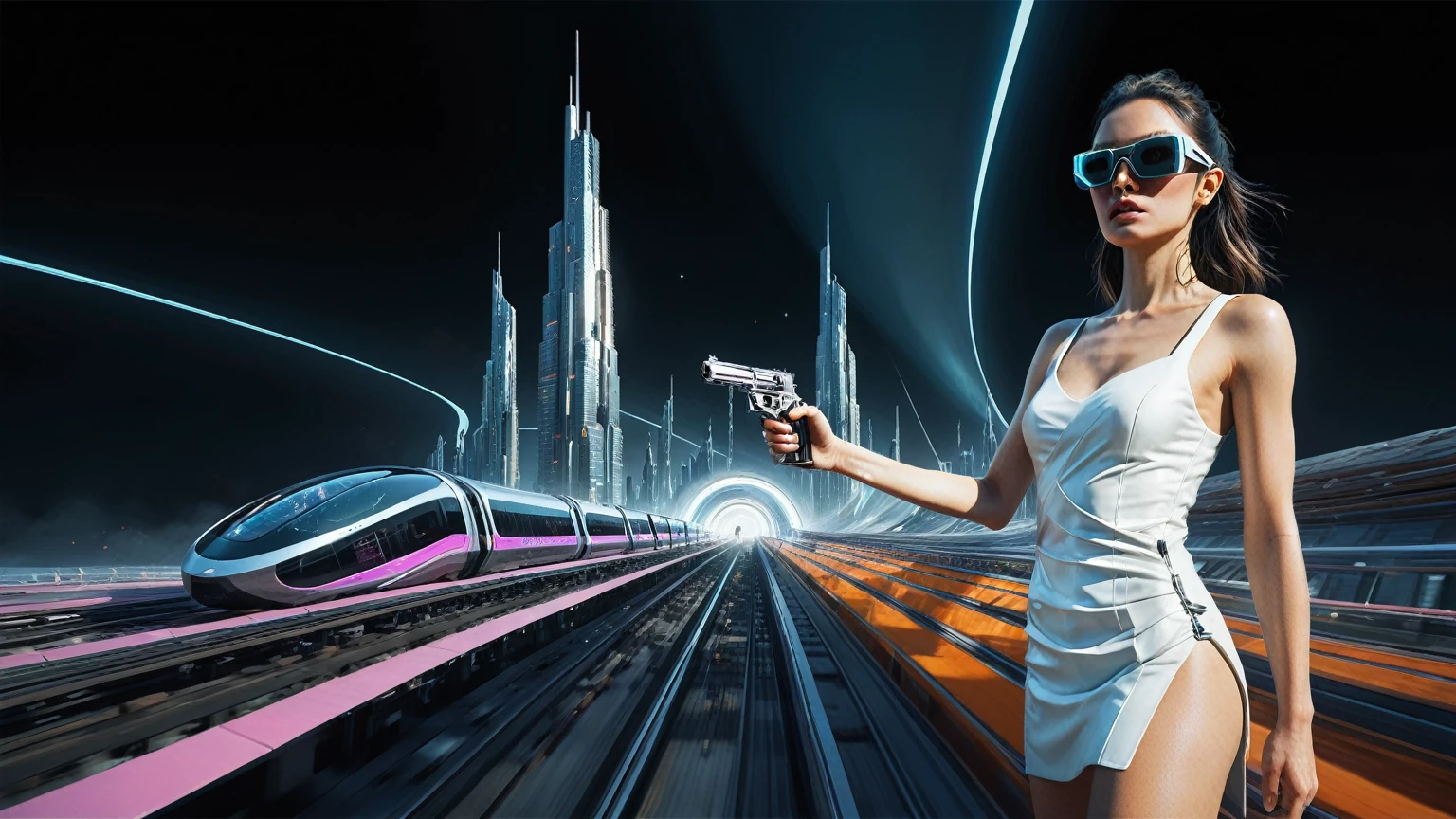 Brightly colored abstract aerial view image of a futuristic railway station with a spiral, a (((((futuristic all-glass train))))) passing by, epic beautiful space sci-fi, chaotic cinematic space rift, Greg Beeple, planets colliding, Beeple and Tim Hildebrandt, Beeple and Jean Giraud, end of the universe, (((((giant abstract sculpture))))), galaxy space sci-fi, ringworld, by Mike "Beeple" Winkelmann. Matrix style, (((((Matrix cascading code))))), (((((a futuristic twin tower skyscraper with a unique twisted design))))), (((((OLED GUI interfaces in the building))))), at night, (((((1girl, solo))))), photo realistic, (((large-breast:1.4 plump body, cleavage:1.4))), (((off broken mini sling-shirt and black sling bra, extreamly short pleated miniskirt exposing panty))), (((((running pose))))), (((((((matrix style black micro sunglasses))))))), ((((((((((aiming with a short gun)))))))))), (((((looking at camera))))), (((very low view))), (((((half-body thigh level medium shot))))), (((cinematic lighting))).
