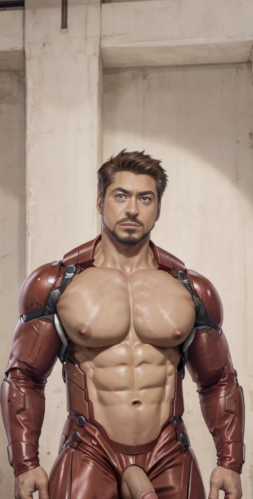1boy, Tony Stark, solo, facial hair,34 yrs old, dom, male focus, flaccid penis, pectorals, bara, muscular, mature male, muscular male, abs, beard, ring nipples, short hair, navel, stomach, large pectorals, thick eyebrows, bare pectorals, fair-skinned male, erection, thighs, wrench_genshin_style, erection under clothes, iron man costume, open bodysuit, open latex bikesuit , dark skin, tie, open shirt, pectoral cleavage, cowboy shot, bdsm uniform, feet out of frame, thick thighs, looking at viewer, masterpiece, 4k, high quality, highres, absurdres,
