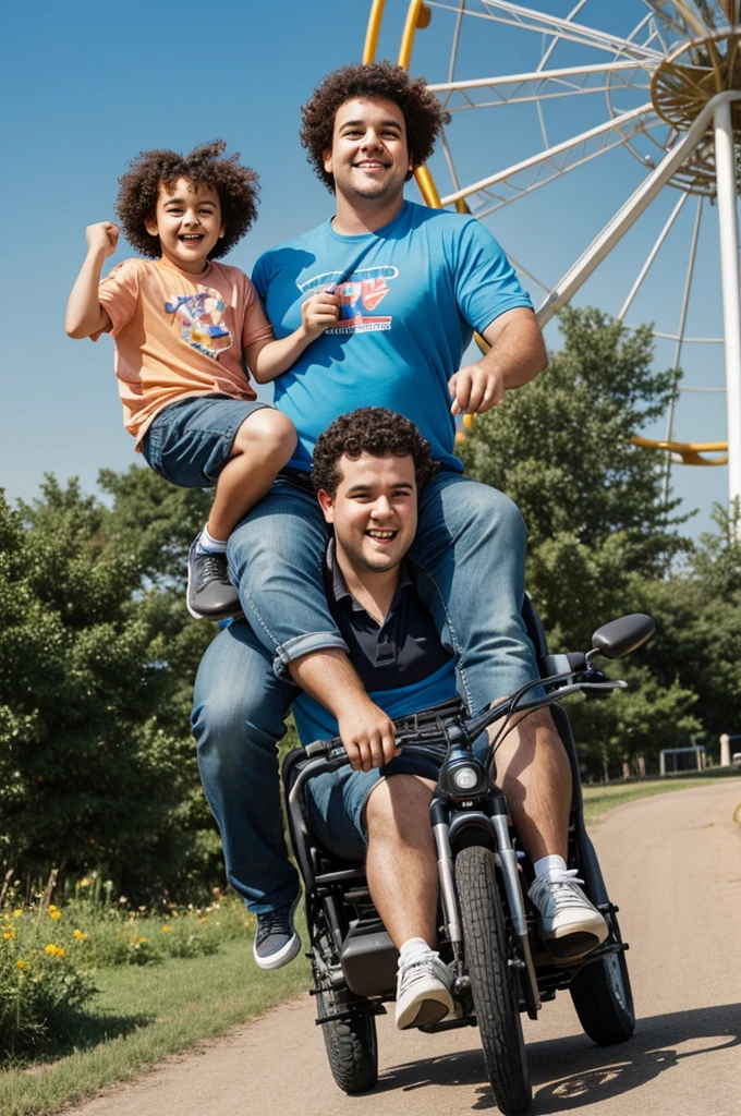 A chubby curly-haired dad with his son, the dad carrying the wheelie and behind an amusement park, the boy without curly hair, both very funny
