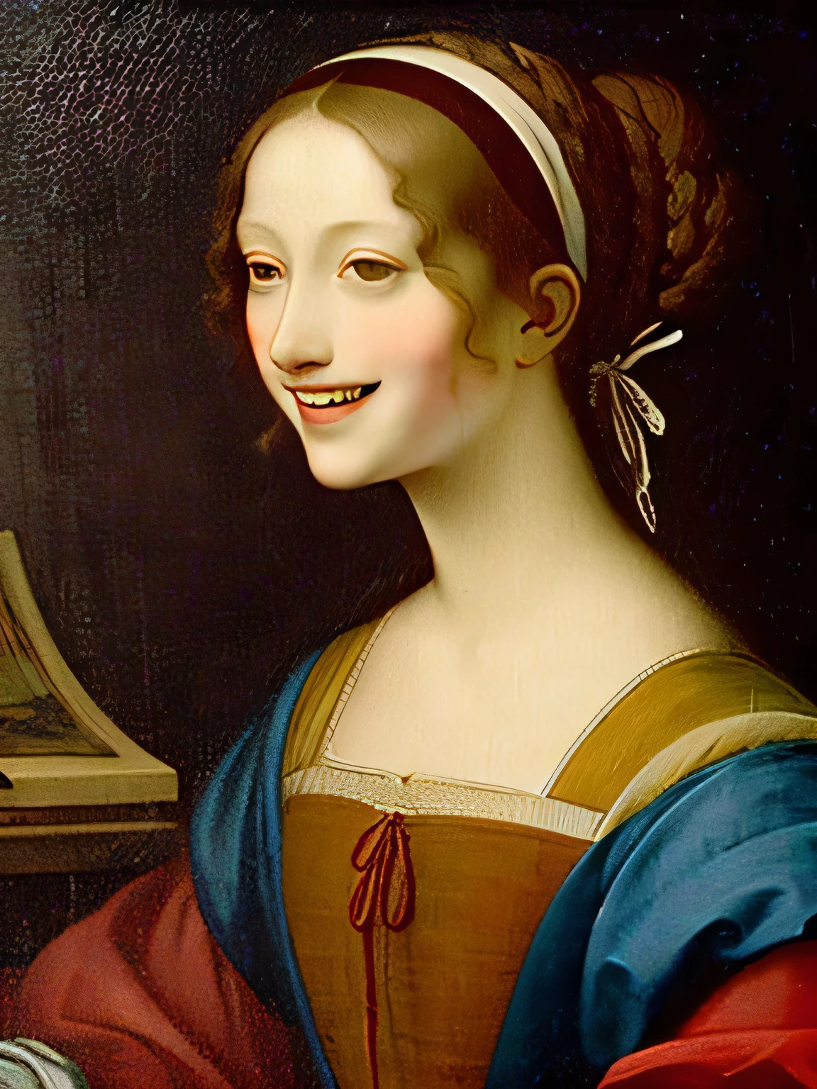 Produce paintings of Elizabeth in the style of Leonardo da Vinci. Smiling with teeth fully exposed. Laughing so hard that your mouth is split open.