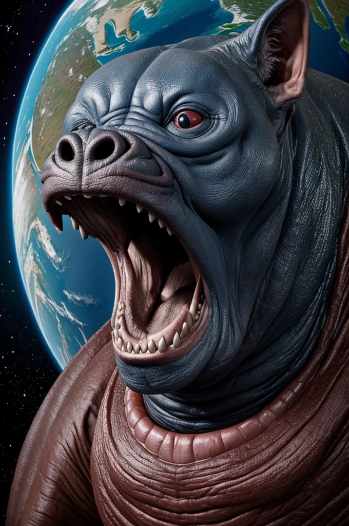 A giant dingy and dark Alien holding the planet Earth with both hand, drool dripping from its mouth, dark universe at the back