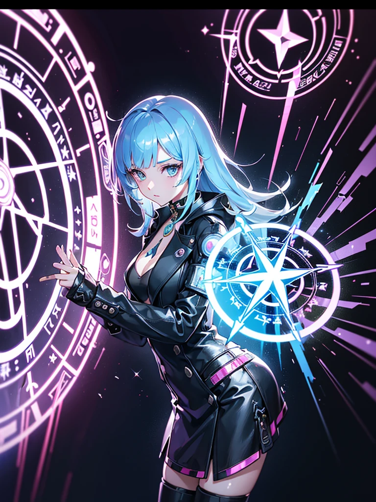 a girl,Magician,((Fashionable clothing)),((Staff)),((Cyberpunk style)),((magic circle)),bud,crystal,spark,Water Flow,((Multi-element)),wave,((Super detailed)),((Rendering)),best picture