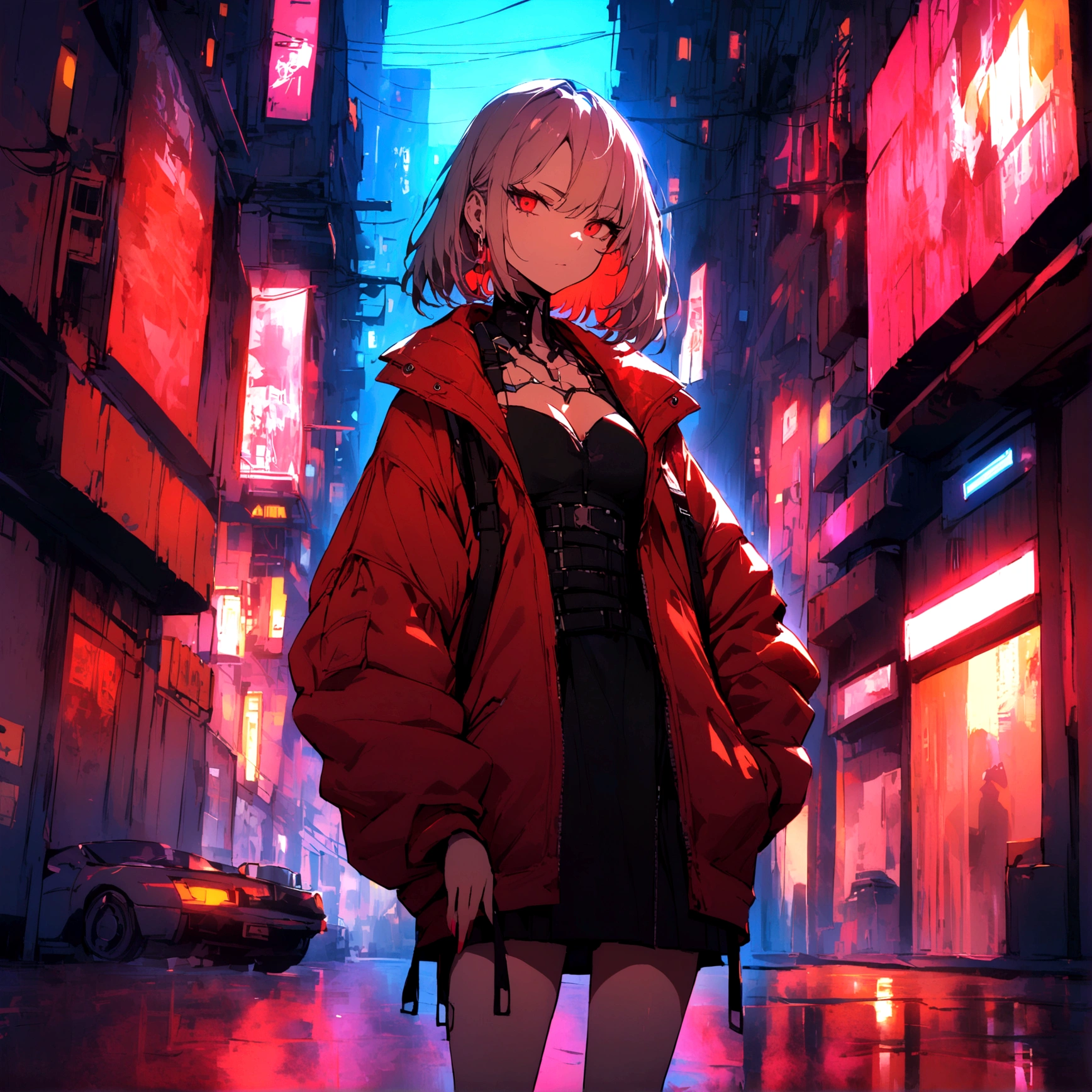 a girl dressed in red with a villainous look in a cyberpunk city with bright colors