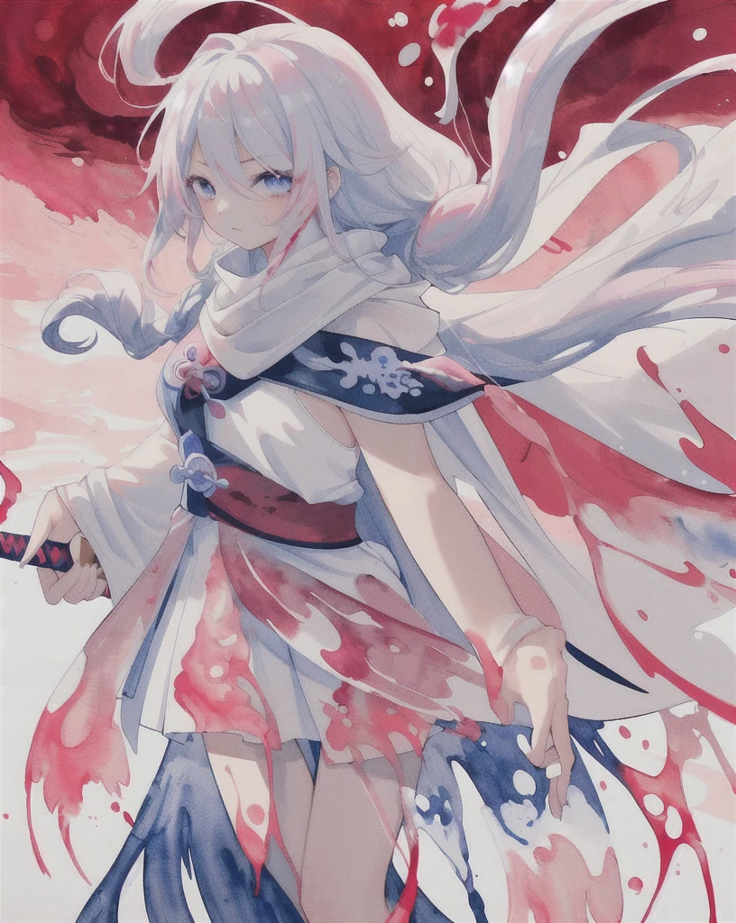 1 Girl,(蓝Long hair)),blue eyes,radish,Long hair,(loose Long hair),((White cape)),Pink scarf,A sword on his back，Red flowers fall,Upper Body,Strong shadows,Ash,fire,ice,((Ink wAsh painting)),((ink splAshing)),((color splAshing)),