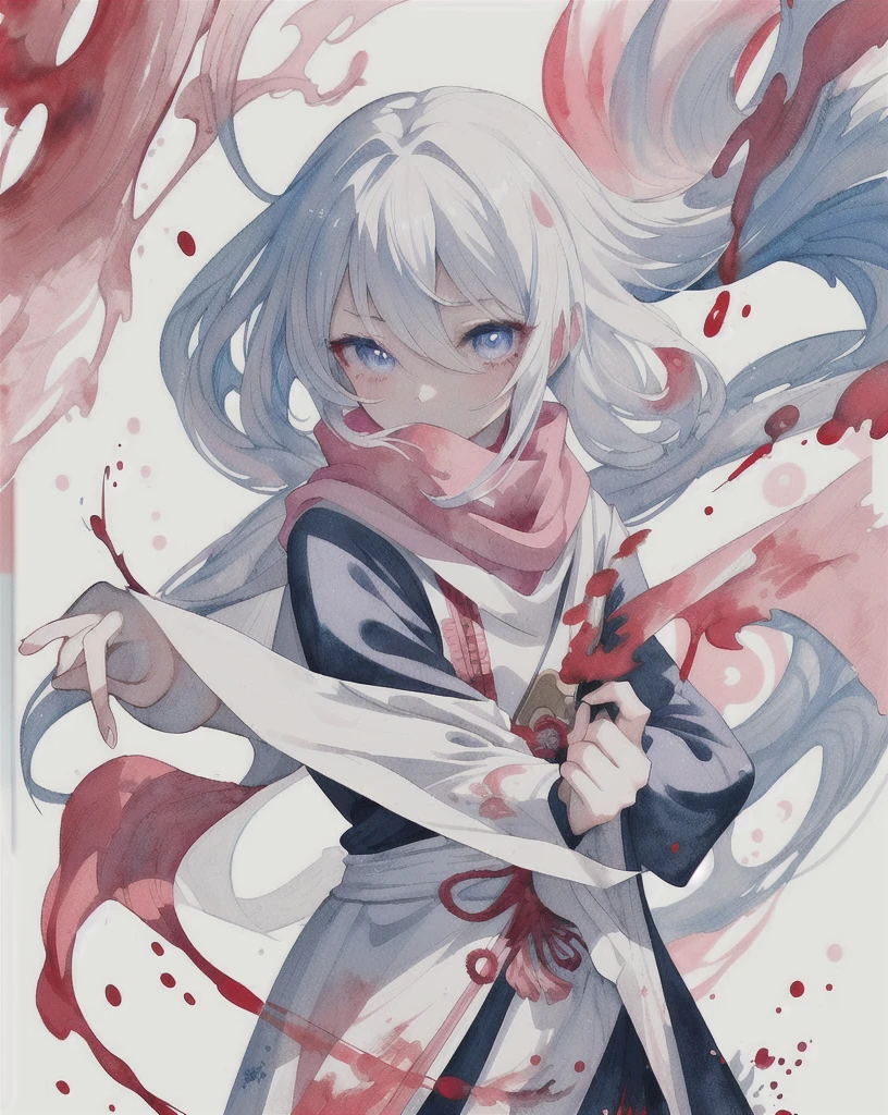 1 Girl,(蓝Long hair)),blue eyes,radish,Long hair,(loose Long hair),((White cape)),Pink scarf,A sword on his back，Red flowers fall,Upper Body,Strong shadows,Ash,fire,ice,((Ink wAsh painting)),((ink splAshing)),((color splAshing)),