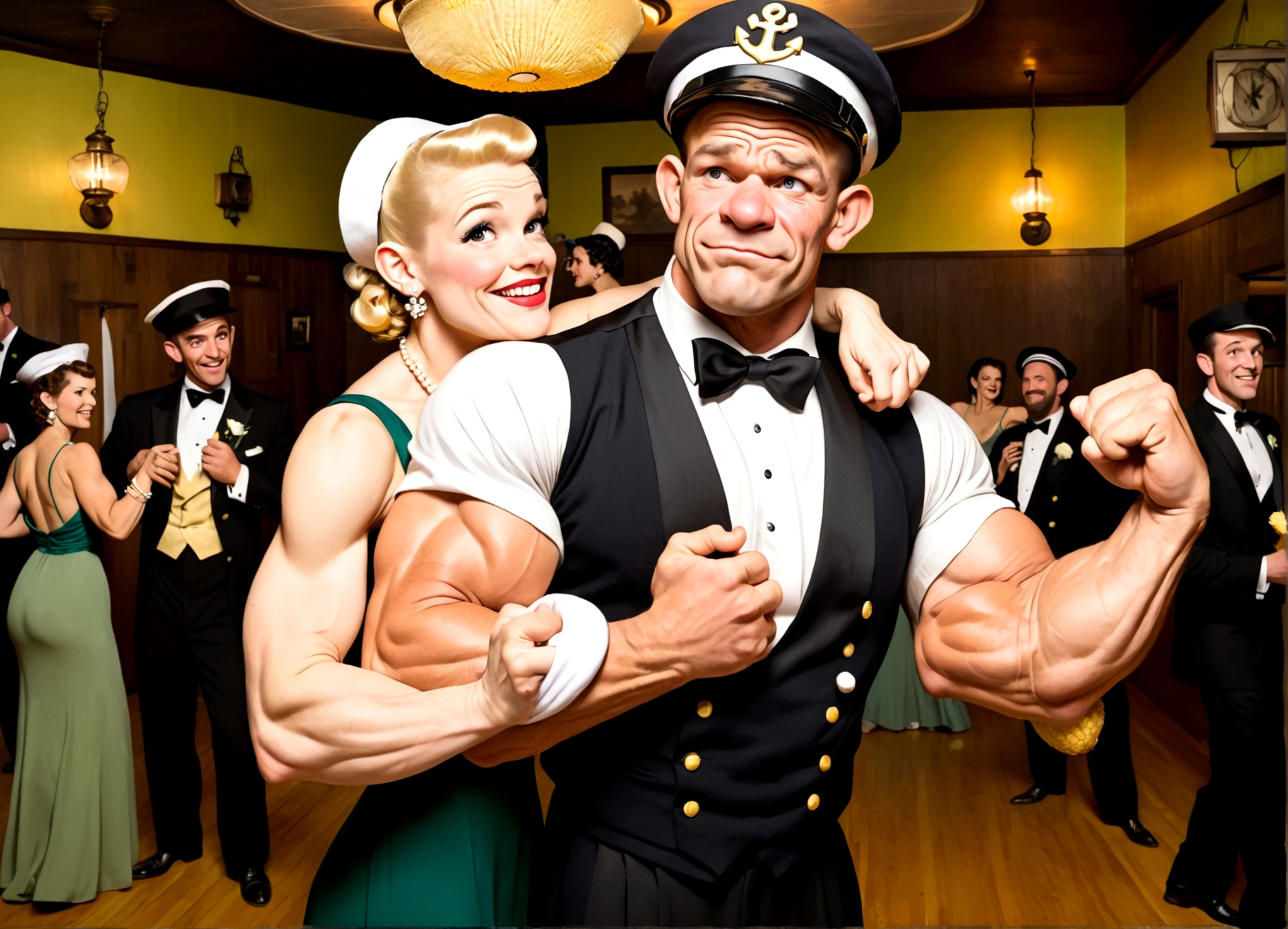Popeye ((not pretty, rugged, huge forearms,) corncob pipe, sailor hat, cheap tuxedo) and Olive Oil (skinny, lavish evening dress with a plunging back) are celebrating their wedding anniversary dancing the Charleston, dance hall