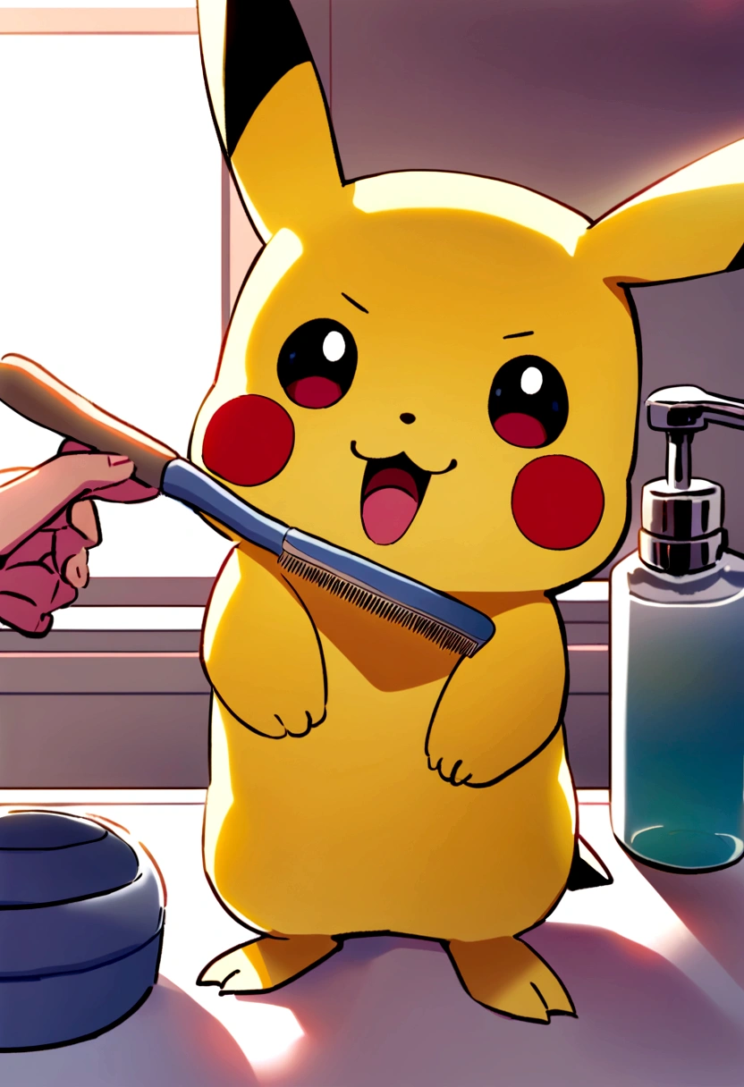 Illustrate a cute scene of Pikachu washing its face in the bathroom or brushing its teeth as part of a morning routine