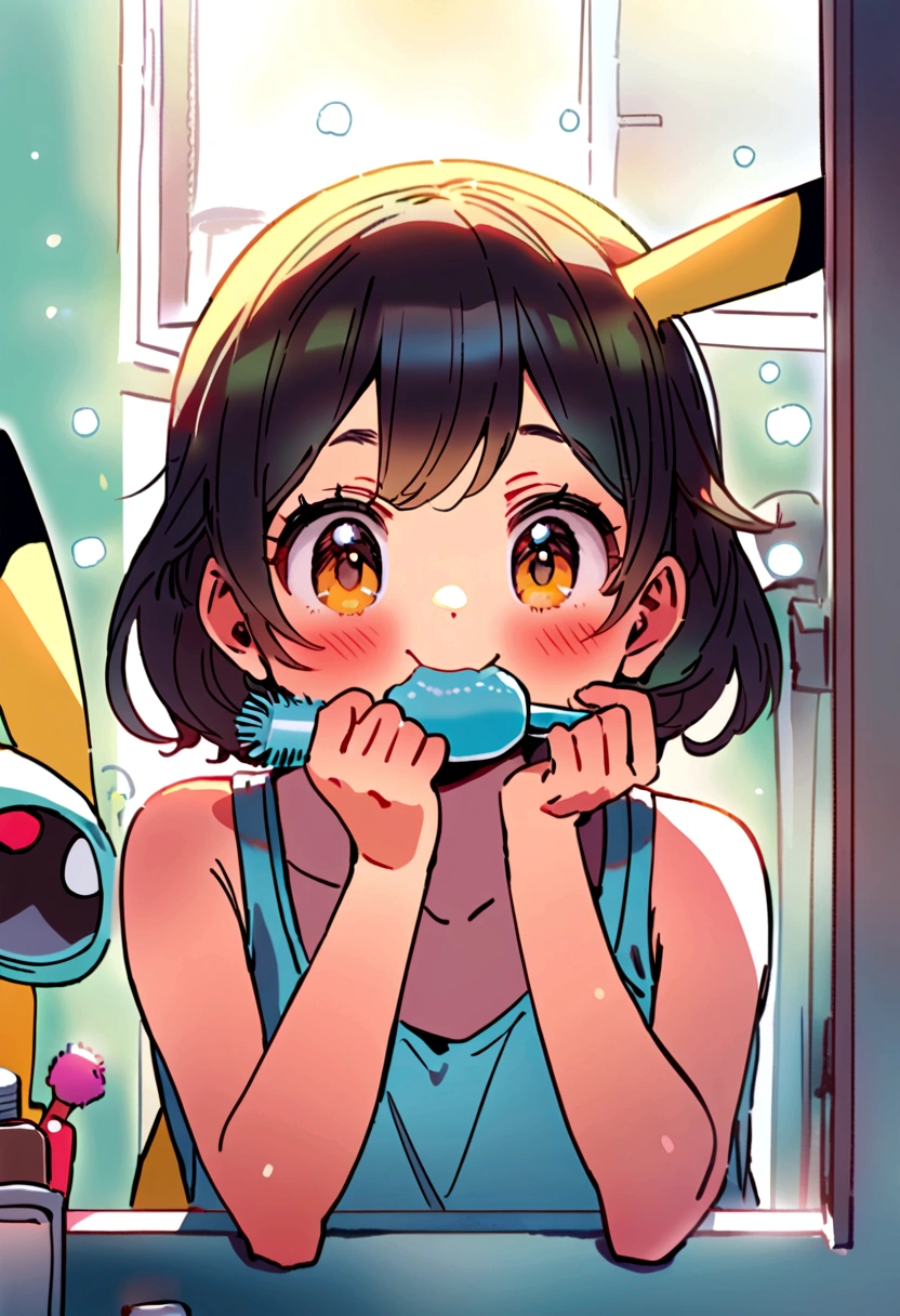 Illustrate a cute scene of Pikachu washing its face in the bathroom or brushing its teeth as part of a morning routine