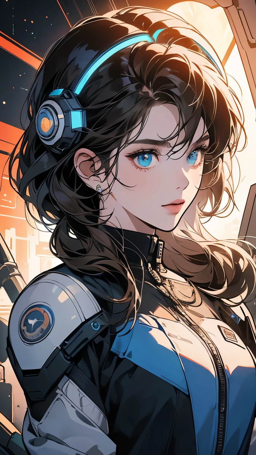 One beautiful woman, inside a spaceship, perfect machine, spacesuit, looking at camera, perfect face, zero gravity, outer space, lots of wires, switchboard, perfect and detailed machine, robot, detailed hair, (((Various angles))), cockpit, upper body shot, most beautiful woman alive, head shot , Super detailed background, top quality, Unique and beautiful eyes, Various unique hairstyles, Ghost in the Shell, Long shot, Panorama, (((Various eye color))), Various hair color, sparkling eyes,Outer space in the background, Unique and perfect face, Pale Lighting, shoot from above, (((Ultra-detailed Complex design mechanical helmets))), brown hair