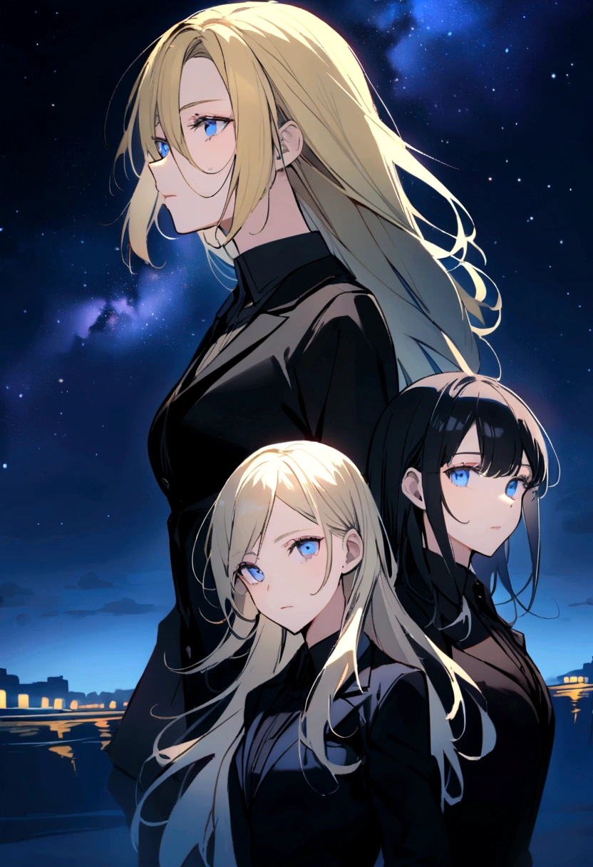 (Highest quality)facial details,group,Half Body Girl No. 1, long hair, blue sky, blue eyes, black suit shirt, black skirt., The second woman was middle-aged, long bright yellow hair, blue eyes, black suit jacket, black skirt.,3rd girl, ager, long light blonde hair, blue eyes, black suit shirt, black skirt., Beautiful morning light(Detailed background (little light pollution))