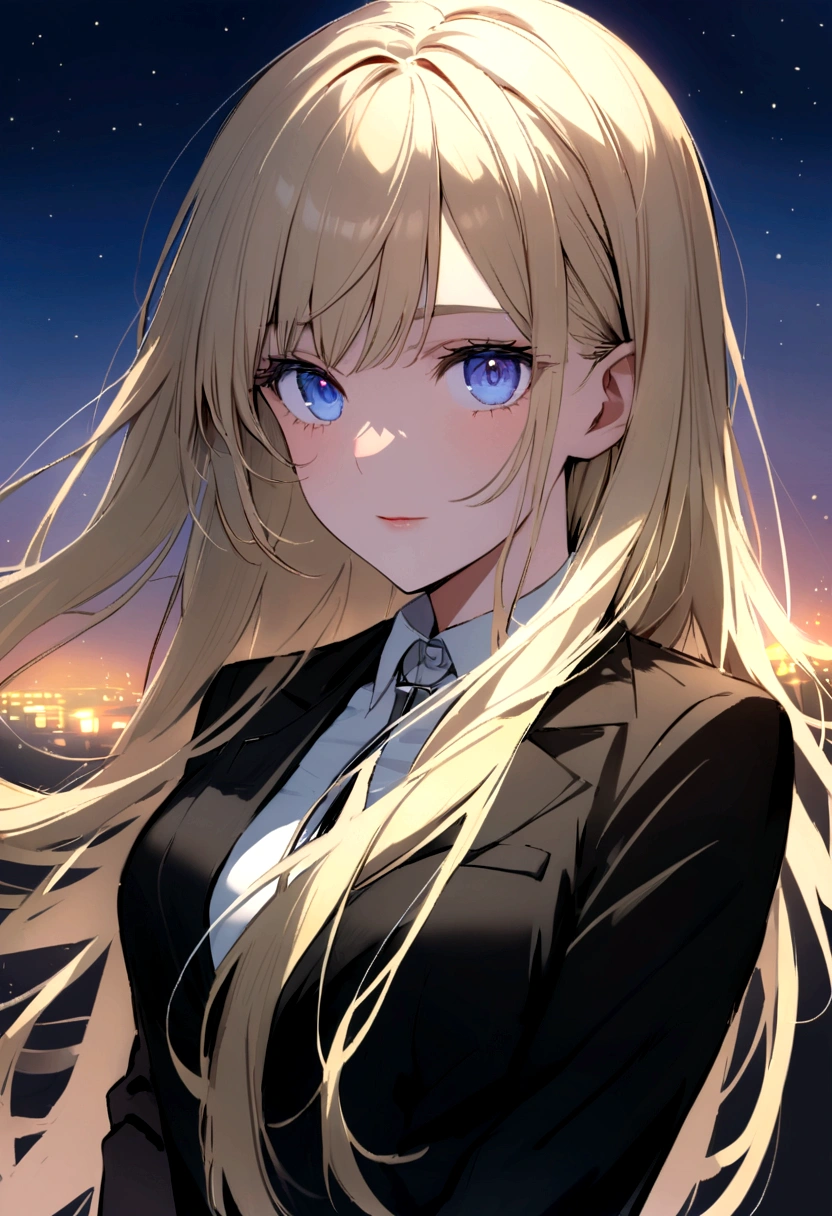 (Highest quality)facial details,group,Half Body Girl No. 1, long hair, blue sky, blue eyes, black suit shirt, black skirt., The second woman was middle-aged, long bright yellow hair, blue eyes, black suit jacket, black skirt.,3rd girl, teenager, long light blonde hair, blue eyes, black suit shirt, black skirt., Beautiful morning light(Detailed background  (little light pollution))
