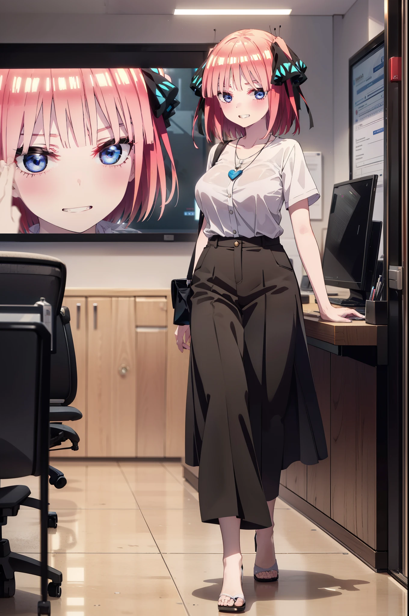 I was silent, Nakano Nino, Short Hair, bangs, blue eyes, hair ornaments, Hair Ribbon, Pink Hair, blunt bangs, Both sides up, Big Breasts,butterfly hair ornaments,Grin,White Y-shirt,Short sleeve,Heart Necklace,slacks,Stiletto heels,Walking,There is a computer on the table,whole bodyがイラストに入るように,Daytime,Clear skies,
break indoors, office,
break looking at viewer,whole body,
break (masterpiece:1.2), Highest quality, High resolution, unity 8k wallpaper, (figure:0.8), (Beautiful attention to detail:1.6), Highly detailed face, Perfect lighting, Highly detailed CG, (Perfect hands, Perfect Anatomy),