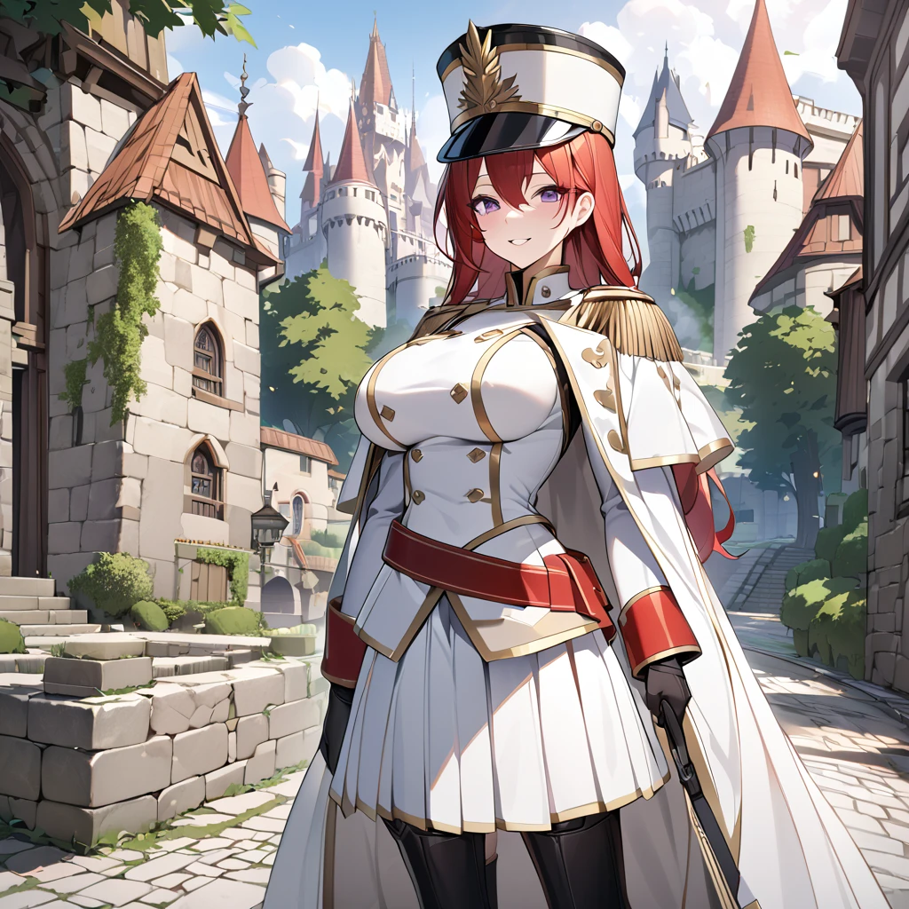 A woman wearing a white British royal guard uniform with gold details, white skirt, black boots, traditional white royal guard hat, red red hair, purple eyes, smiling, walking on a medieval concrete road, trees around, with castle right next to background, daytime location, big breasts, white cape with gold details, standing, posture,perfect face,UHD , work- prime, precise, anatomically correct, textured skin, super details, high quality, best quality, 8k, high resolution, bokeh effect. (woman solo)
