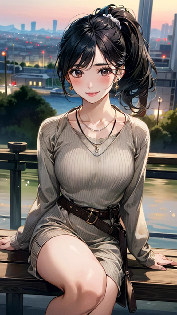 (masterpiece:1.3, Highest quality, Ultra-high resolution, Super detailed), (Realistic, photoRealistic:1.4), Beautiful illustrations, Perfect lighting, colorful, Depth of written boundary, Beautiful detailed hair, Beautifully detailed face, Beautiful fine details, Droopy eyes、Beautiful clavicle, Beautiful body, 美しいLarge Breasts, Beautiful thighs, Beautiful feet, Beautiful fingers, View Viewer、Front view:0.6, Beauty1人, Japanese, Beauty、30 years old, Perfect Face, (Perfect Anatomy, Anatomically correct), Cute and symmetrical face, Baby Face, , Shiny skin, (with thin belt、Khaki long sleeve knit A-line dress:1.4) (Black Hair, Side Ponytail:1.4), braided bangs、Dark brown eyes, Large Breasts, Slim body, necklace, Small earrings:1.1, (Beautiful views), (night), (city, cityscape in the distance), Riverside、Sitting on a bench, A soft smile、(Smile, Lips parted),