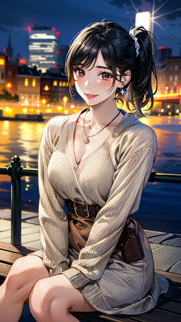 (masterpiece:1.3, Highest quality, Ultra-high resolution, Super detailed), (Realistic, photoRealistic:1.4), Beautiful illustrations, Perfect lighting, colorful, Depth of written boundary, Beautiful detailed hair, Beautifully detailed face, Beautiful fine details, Droopy eyes、Beautiful clavicle, Beautiful body, 美しいLarge Breasts, Beautiful thighs, Beautiful feet, Beautiful fingers, View Viewer、Front view:0.6, Beauty1人, Japanese, Beauty、30 years old, Perfect Face, (Perfect Anatomy, Anatomically correct), Cute and symmetrical face, , , Shiny skin, (with thin belt、Khaki long sleeve knit A-line dress:1.4) (Black Hair, Side Ponytail:1.4), braided bangs、Dark brown eyes, Large Breasts, Slim body, necklace, Small earrings:1.1, (Beautiful views), (night), (city, cityscape in the distance), Riverside、Sitting on a bench, A soft smile、(Smile, Lips parted),