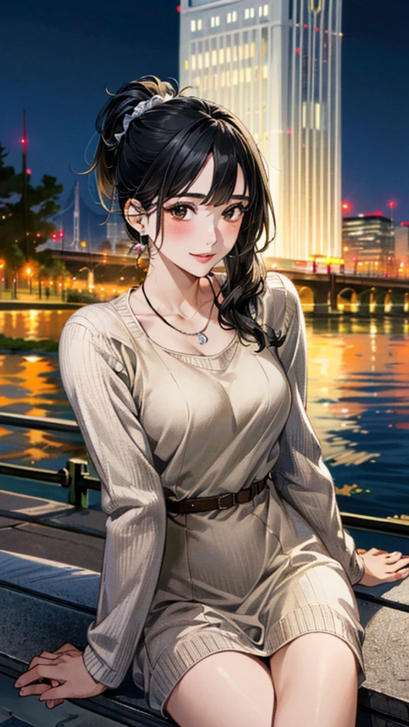 (masterpiece:1.3, Highest quality, Ultra-high resolution, Super detailed), (Realistic, photoRealistic:1.4), Beautiful illustrations, Perfect lighting, colorful, Depth of written boundary, Beautiful detailed hair, Beautifully detailed face, Beautiful fine details, Droopy eyes、Beautiful clavicle, Beautiful body, 美しいLarge Breasts, Beautiful thighs, Beautiful feet, Beautiful fingers, View Viewer、Front view:0.6, Beauty1人, Japanese, Beauty、30 years old, Perfect Face, (Perfect Anatomy, Anatomically correct), Cute and symmetrical face, Baby Face, , Shiny skin, (with thin belt、Khaki long sleeve knit A-line dress:1.4) (Black Hair, Side Ponytail:1.4), braided bangs、Dark brown eyes, Large Breasts, Slim body, necklace, Small earrings:1.1, (Beautiful views), (night), (city, cityscape in the distance), Riverside、Sitting on a bench, A soft smile、(Smile, Lips parted),