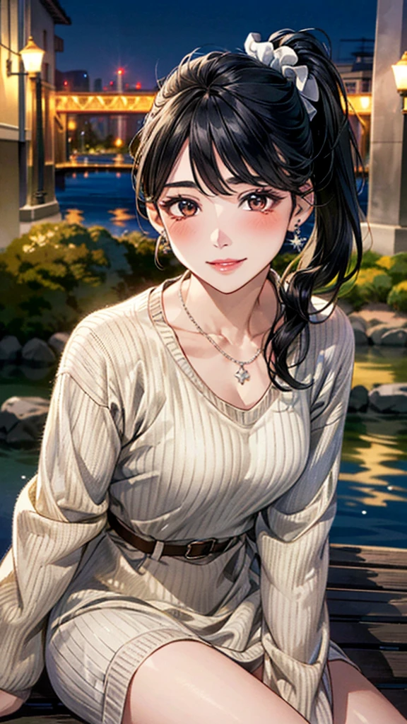 (masterpiece:1.3, Highest quality, Ultra-high resolution, Super detailed), (Realistic, photoRealistic:1.4), Beautiful illustrations, Perfect lighting, colorful, Depth of written boundary,
Beautiful detailed hair, Beautifully detailed face, Beautiful fine details, Beautiful clavicle, Beautiful body, 美しいLarge Breasts, Beautiful thighs, Beautiful feet, Beautiful fingers,
View Viewer、Front view:0.6, Beauty1人, Japanese, Beauty、30 years old, Perfect Face, (Perfect Anatomy, Anatomically correct), Cute and symmetrical face, Baby Face, , Shiny skin,
((Bordeaux turtleneck cable sweater:1.4)),((Long skirt:1.5))
(Black Hair, ponytail:1.4), braided bangs、Dark brown eyes, (Large Breasts), Slim body,
necklace, (Small earrings:1.3),
(Beautiful views), (night), (city, cityscape in the distance), Sitting on a bench, A soft smile、(Smile, Lips parted),