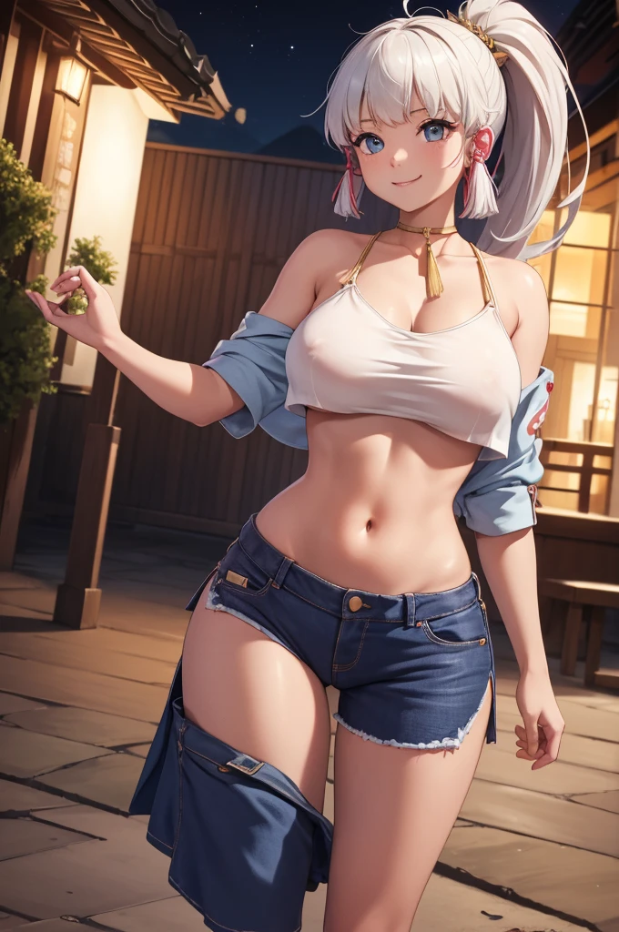 Masterpiece, high quality, 8k, ultra detail, ((kamisatoayakarnd)) standing, night,outdoors, (crop top), navel, (shorts), (off shoulders:1), choker, smile, armpit, (large breast), (nude arm)