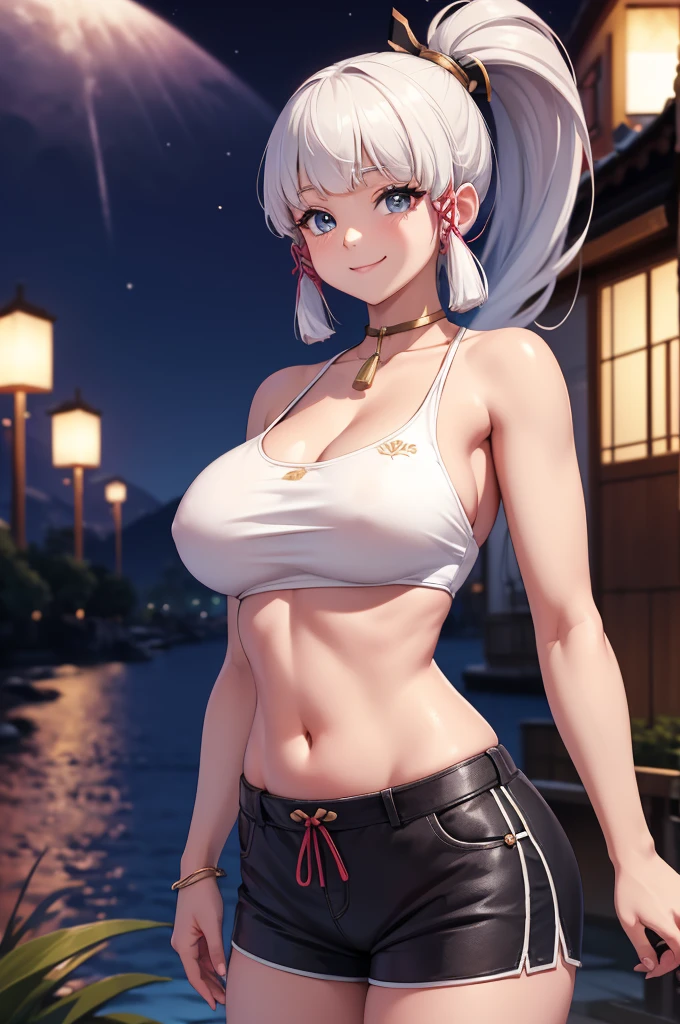 Masterpiece, high quality, 8k, ultra detail, ((kamisatoayakarnd)) standing, night,outdoors, (crop top), navel, (shorts), (off shoulders:1), choker, smile, armpit, (large breast), (nude arm)