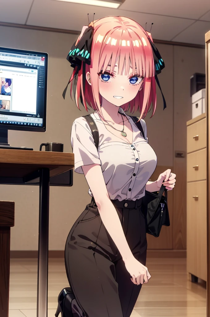 I was silent, Nakano Nino, Short Hair, bangs, blue eyes, hair ornaments, Hair Ribbon, Pink Hair, blunt bangs, Both sides up, Big Breasts,butterfly hair ornaments,Grin,White Y-shirt,Short sleeve,Heart Necklace,slacks,Stiletto heels,Walking,There is a computer on the table,whole bodyがイラストに入るように,Daytime,Clear skies,
break indoors, office,
break looking at viewer,whole body,
break (masterpiece:1.2), Highest quality, High resolution, unity 8k wallpaper, (figure:0.8), (Beautiful attention to detail:1.6), Highly detailed face, Perfect lighting, Highly detailed CG, (Perfect hands, Perfect Anatomy),