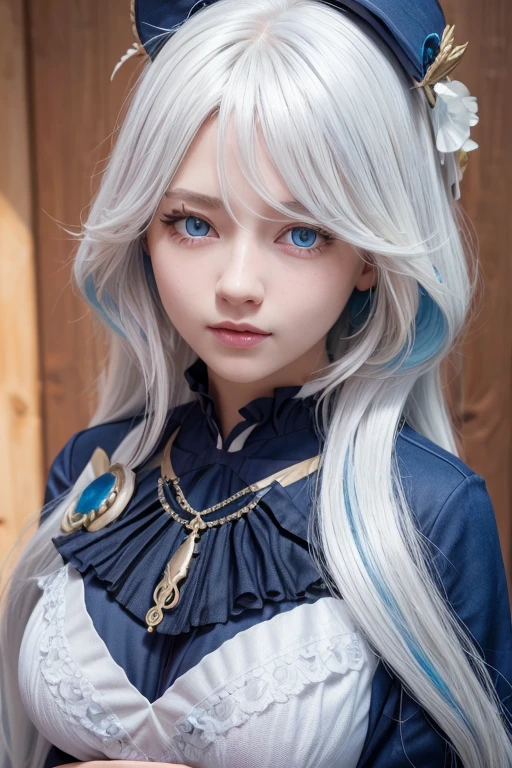 (Overlooking the perspective),dynamic angle,Super meticulous,illustratio,closeup cleavage,Looking directly at,1girll,(fanciful:1.4),(Blue eyes:1.233),Her eyes shone like dreamy stars,(glowing light eyes:1.233) ,(美丽细致的眼睛:1.1),(silber hair:1.14),(messy  hair,Very long hair,french braid,Hair between both eyes,Lateral hair),(+(White hair flowers:1.14)),(Chiffon dress,Uniform white flower pattern)/=(army suit:1.24),(Wide sleeves),(Fingerless gloves),choker necklace,(miko thighhighs),high heels boots,(face expressionless,Keep one's mouth shut),(standing on your feet), (In the forest，Light and shadow interlace, All kinds of beasts, ),(flor branca,full bloom),(Frightened expressions),(flowingwater),(Dark Blue World Tree:1.14),(废墟),(natta:1.2 ),Dreamy,soul,(Fluorescence),(Flying translucent blue butterfly:1.15),[[Delicate fingers and hands:0.55]::0.85],(Finger details),(yubao:0.5),3D，full bodyesbian，the detail，Background bokeh，high qulity，high detal，deep v big breasts，Bigchest，flat lay，Expose cleavage。
