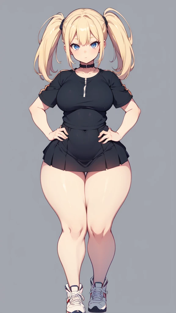 blank background, (((full body))), (masterpiece), ((best quality)), (very short girl), flat chest, short twintail, (wide hips:1.4), (thick thighs:1.4), (very short skirt), toeless footwear