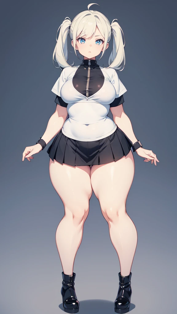 blank background, (((full body))), (masterpiece), ((best quality)), (very short girl), flat chest, short twintail, (wide hips:1.4), (thick thighs:1.4), (very short skirt), toeless footwear