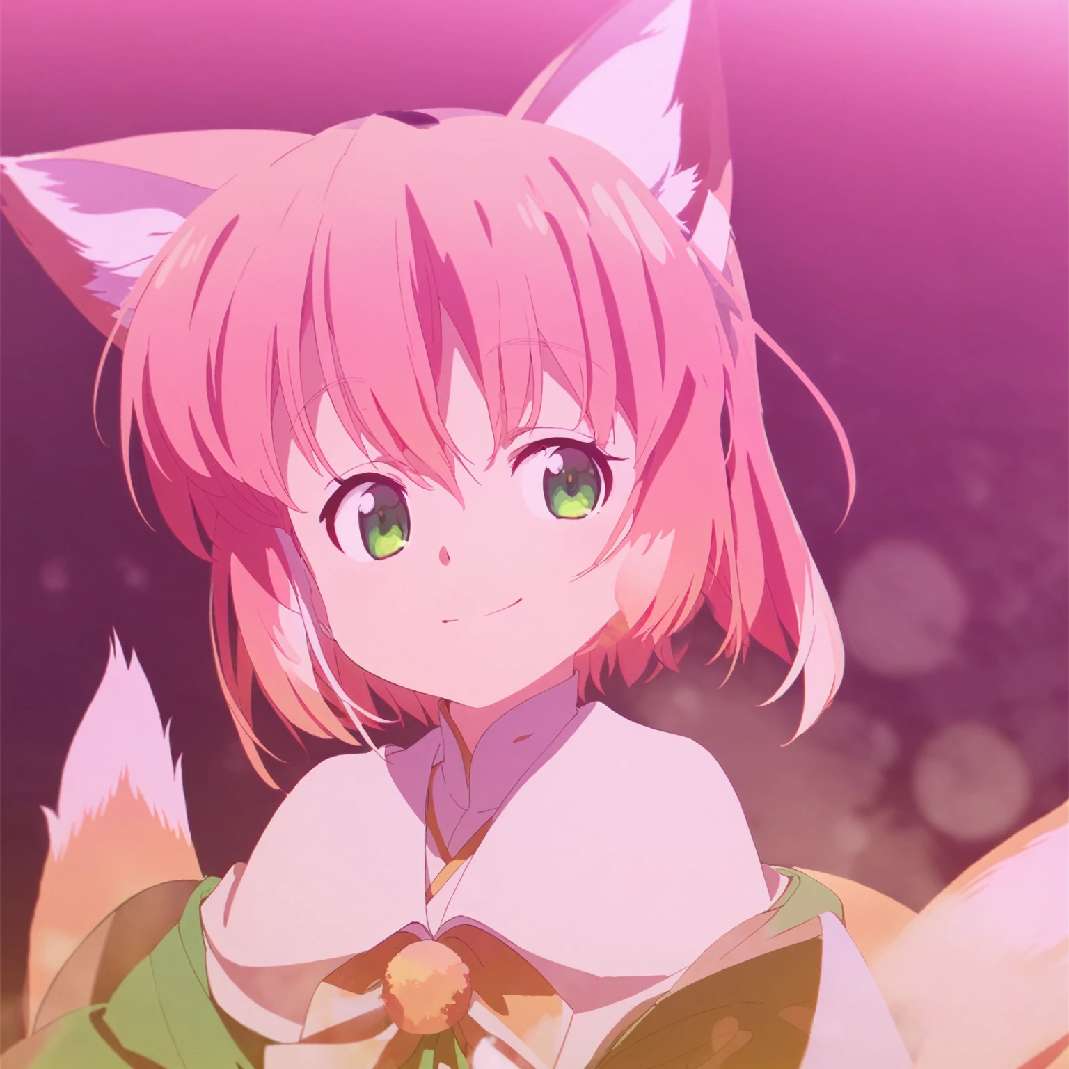a young kitsune girl, beautiful detailed green eyes, long bicolor pink and white hair, smiling, long bicolor pink and white kitsune ears, multiple bicolor pink and white kitsune tails, , anime,vibrant colors,soft lighting