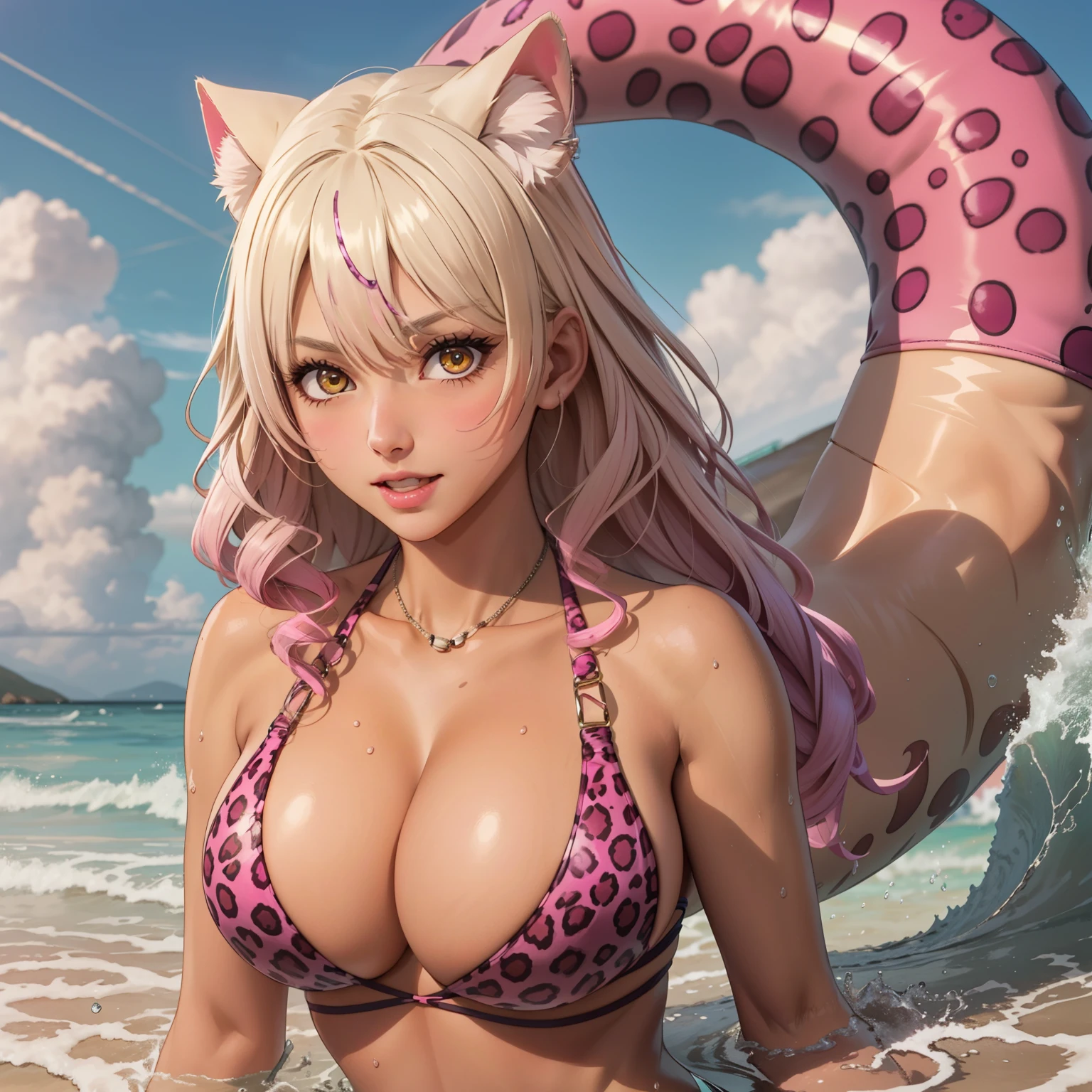  35 year old woman blonde hair with pink tips , orejas de gato , yellow eyes like amber., sonrisa coqueta,  piel oscura bronceada, pechos grandes,  pink jaguar design bikini,  , orejas de oso, fondo una playa. pechos enormes, gotas de agua en su pecho.