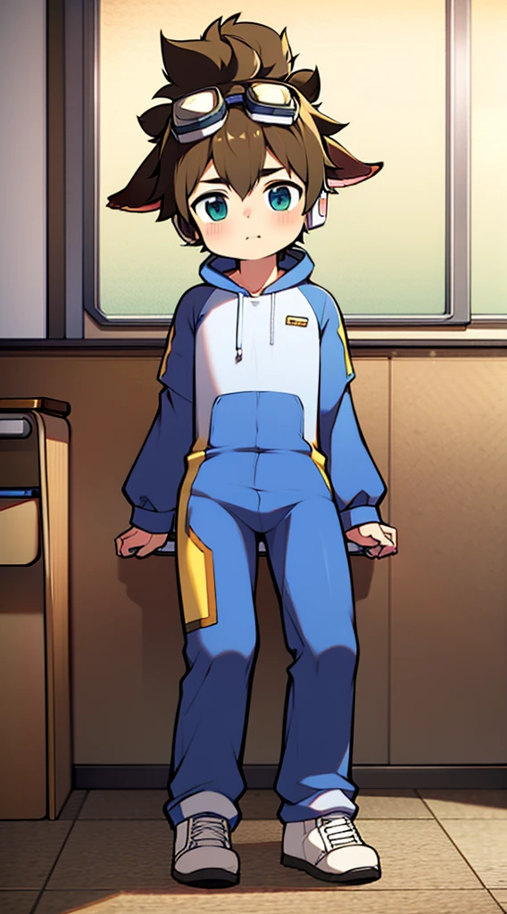 2D Shonen Shota，One-piece mountaineering suit，Put the headphones on your head，permanent，goggles，trumpet，Cow ears，sports shoes，classroom