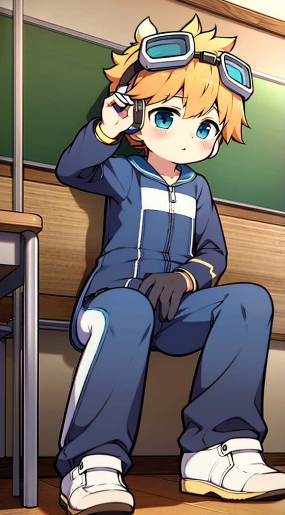 2D Shonen Shota，One-piece mountaineering suit，Put the headphones on your head，permanent，goggles，trumpet，Cow ears，sports shoes，classroom