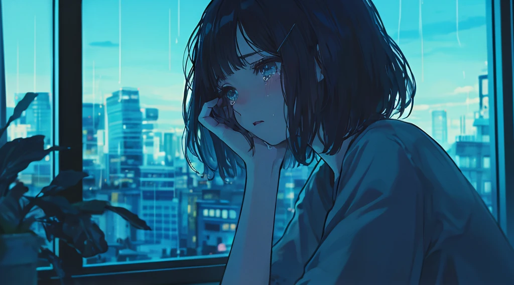 A girl with short black hair, holding her head in tears and looking at the city through an open window on a rainy day. The anime style features soft lighting, emotional expression, a melancholy atmosphere, and dark tones. in the style of Studio Ghibli.