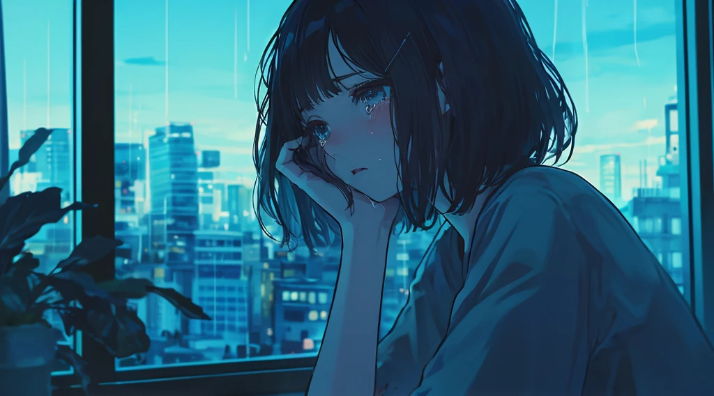 A girl with short black hair, holding her head in tears and looking at the city through an open window on a rainy day. The anime style features soft lighting, emotional expression, a melancholy atmosphere, and dark tones. in the style of Studio Ghibli.