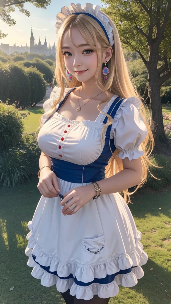 Alice from “Alice in Wonderland” embarks on an adventure in a real park. Her surprised expression, the shine of the clock she holds, and the landscape of the park behind her are impressive. 8K , hd, highly detailed, realistic, photography, photo realism --ar 9:16 --v 6.0 --s 750,,19 years old, alone, Long Hair, View your viewers, Blonde, Brown eyes, gem, whole body, Realistic, Sexy、Big Breasts 、stockings、clip on earrings,pendant,bracelet,smile,maid,maid headdress, frill apron