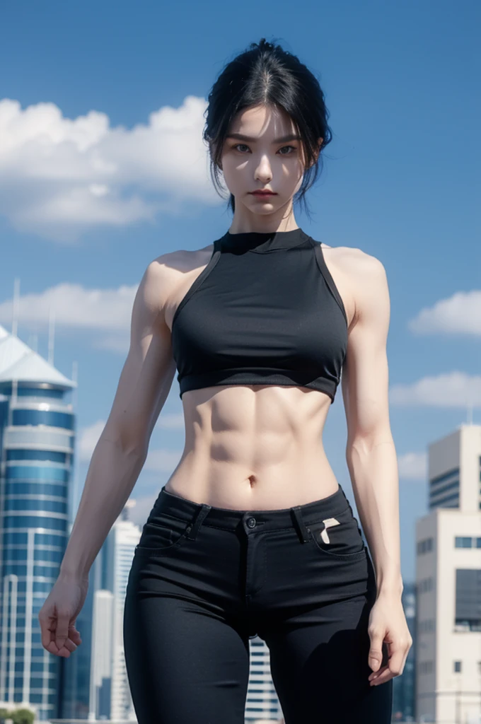 Straight black hair,blue eyes,(high quality eyes),masterpiece, best quality, high quality, highres, outdoors, looking at viewer, black shirt, crop top, midriff, navel, black pants, tall female, bodybuilder, huge chest,, perfect body, 23yo,  (very slim and slender muscular body:1.3), ((view the viewer)), gts, short hair