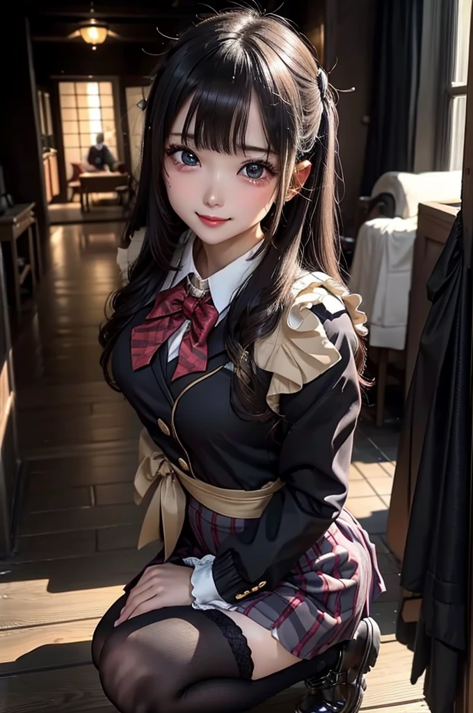 High School Girl Blazer、 uniform、Red checked knee-length skirt、Long skirt、JK Style、Jacket、smile、Knee-high socks、Thigh-high socks、pantyhose、Great beauty、So cute、Malaise、Rare beauty、Black dark eyeshadow、Good skin radiance、Straightening iron for long hair、Dark Gothic Makeup、暗いsmile、The beauty of fragrance、Stained Glass Background、masterpiece、Highest quality、See 5 books、Sweat glistening on my chest、Sweat glistening on the face、Small breasts、Blonde、Age: 19、Slightly slim、神秘的な表Affection、悲しそうな表Affection、Golden Hair、Sweating profusely all over the body、Lots of sweat on thighs and light、Shiny thighs、There is a lot of sweat glistening on my thighs、Copious sweat glistens on the thighs、Sweating profusely、Gal、The Face of Japan、魅惑的な表masterpiece, Highest quality, High resolution, {Detailed and beautiful eyes}, finely, Detailed and beautiful eyes,Affection、Thin thighs、I'm playing the guitar、I have a guitar、Sing a song enthusiastically、I'm playing the guitar in a band、I'm playing the guitar chords、Background of the live music venue、Sing a song、Open your mouth、Live house scenery、Mike stand、Glamorous live stage、Dynamic Angle、Platform boots、Are standing、Hime cut hair、Gothic ta 、