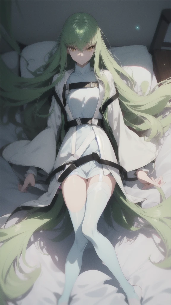c.c., Expressionless, (Look at other people:1.1), (Lie in:1.2), On the floor, Focus Only, From above,
Long sleeve, white lace panties,
Orange eyes, Green Hair, Very long hair, (White straitjacket:1.6), Black belt,
mksks style, Beautiful background, (chromatic aberration, Lens flare, indoor, bedroom, bed sheet, bed, Particles of light, Holographic interface:1.2) ,
break masterpiece ,8k unity wallpaper,anime key visual,highest quality, High resolution, (shape:0.8),anime coloring,
highly detailed face, detailed eyes,growing eyes,shiny skin,fine skin,white skin,dense skin,detailed hair,highly detailed legs,
perfect lighting, Detailed CG,
(perfect hands, perfect anatomy),High resolution,
Break slender limbs, delicate curves, dainty hands,figure:0.8,
