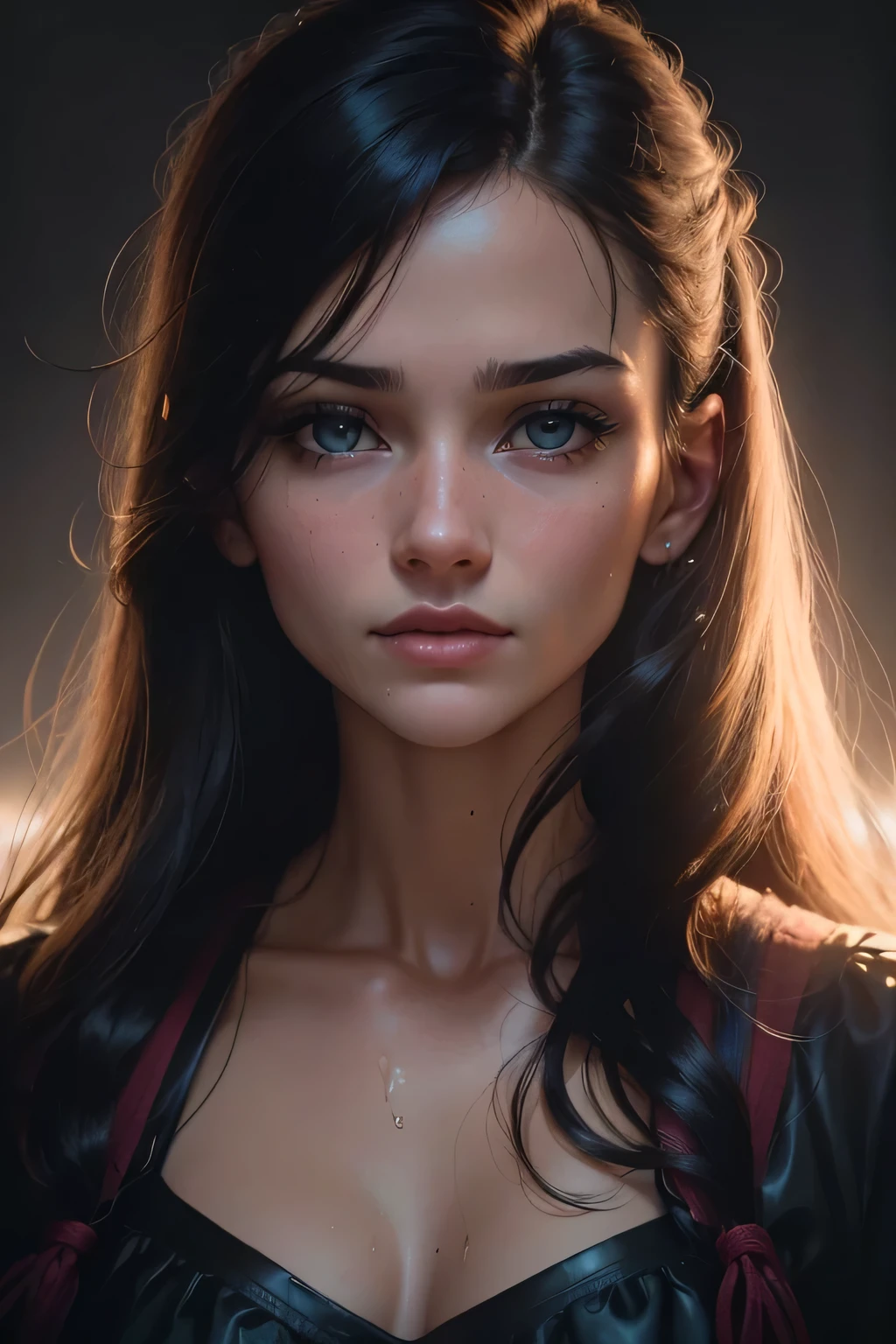 (close-up, editorial photograph of a 21 year old woman), (highly detailed face:1.4) (smile:0.7) (background inside dark, moody, private study:1.3) POV, by lee jeffries, nikon d850, film stock photograph ,4 kodak portra 400 ,camera f1.6 lens ,rich colors ,hyper realistic ,lifelike texture, dramatic lighting , cinestill 800, skinny, wet, skinny legs, crossed legs, panties