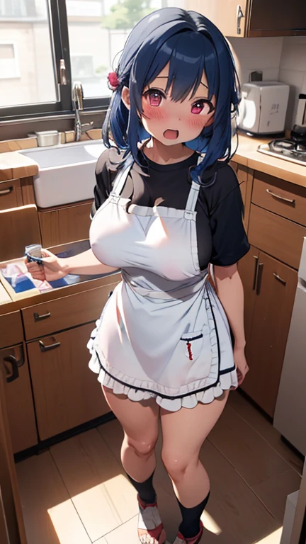 mastute piece,Best Quality,insanely detailed,8k cg,nsfw,
(shoot upper body:1.3),
(1girls:1.3),standing,looking at viewr,body in front,both arms behind back,(apron),
break,
blush,shy,(ecstasy face),(trembling:1.2),break,(blue hair),
break,
perfect breasts,perfect teats,(open mouth:0.9),(large breasts:1.3),
(kitchen)、