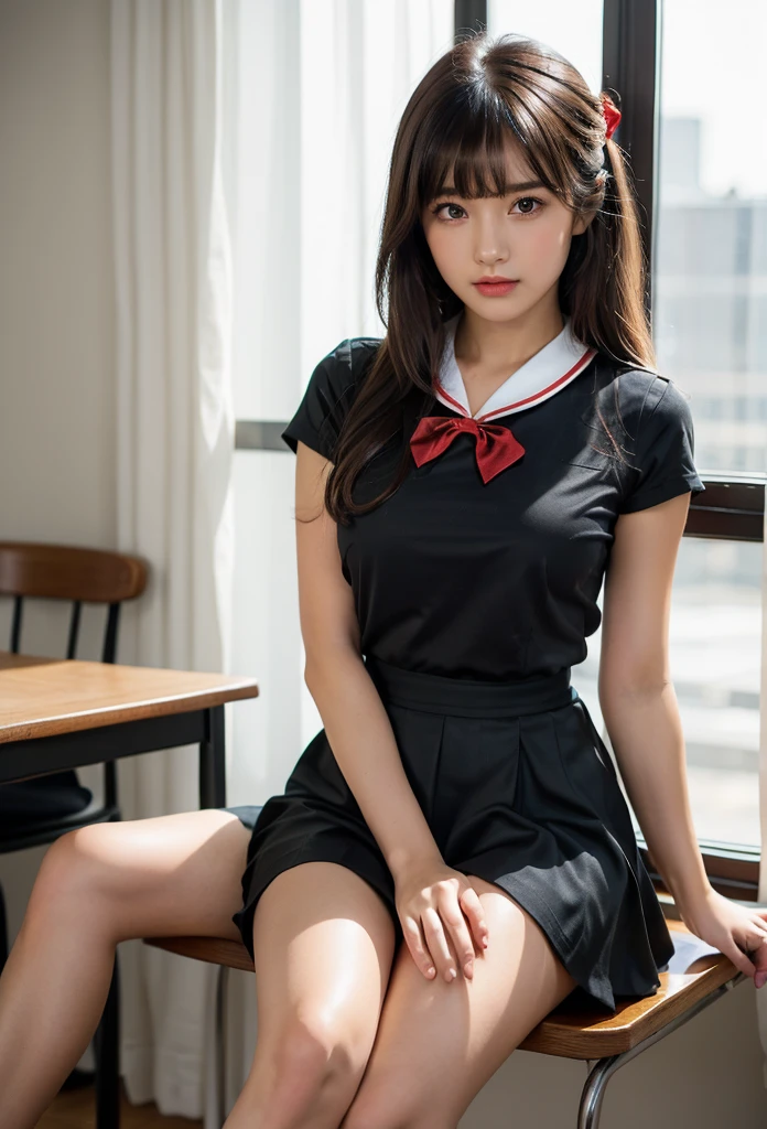 1girl, bangs, black shirt, black skirt, brown eyes, brown hair, large breasts, long hair, no bra, red bowtie, sailor collar, class room, , sitting, beautiful, 