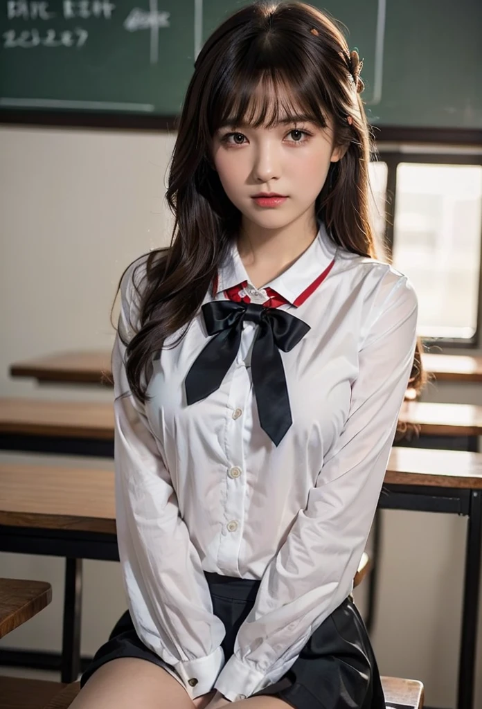 1girl, bangs, black shirt, black skirt, brown eyes, brown hair, large breasts, long hair, no bra, red bowtie, sailor collar, class room, , sitting, beautiful, 