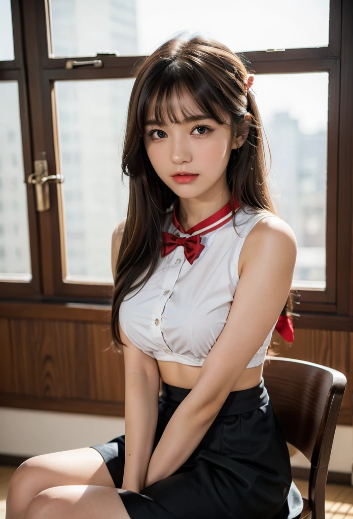 1girl, bangs, black shirt, black skirt, brown eyes, brown hair, large breasts, long hair, no bra, red bowtie, sailor collar, class room, , sitting, beautiful, 