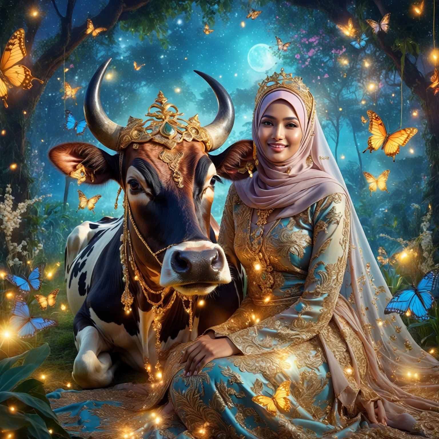 Stunning fantasy image, an Indonesian woman wearing a hijab and glamorous Muslim dress posing sitting with a cow while holding its head. The cow is wearing a gold necklace and crown, gaze at the camera, with a stunning abstract background in a paradise garden lit up by very beautiful fireflies, butterflies -butterflies decorating them, surreal background, she smiles, very pampering, Taken using iPhone15 Pro Max Camera, 1536px, photorealistic, high quality