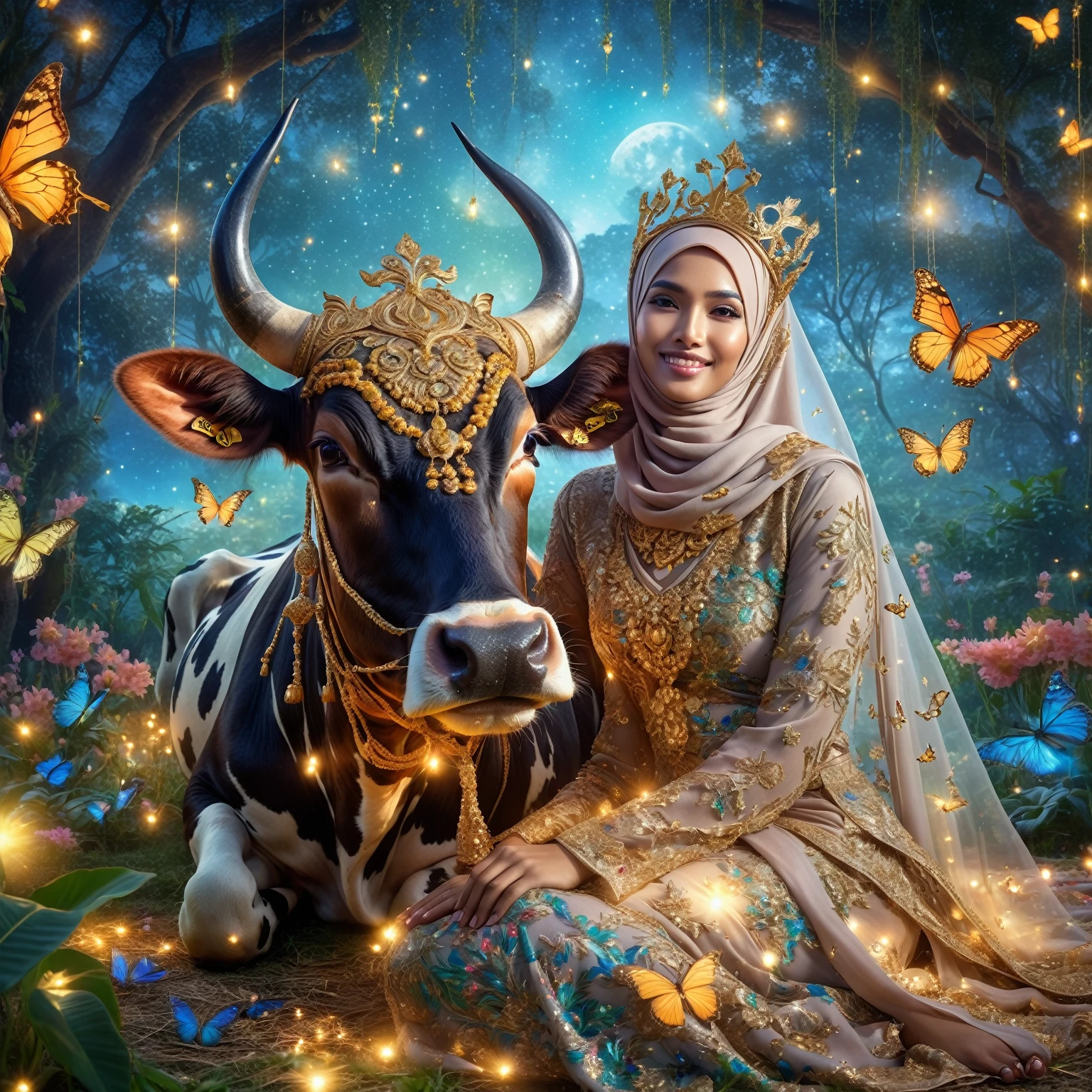 Stunning fantasy image, an Indonesian woman wearing a hijab and glamorous Muslim dress posing sitting with a cow while holding its head. The cow is wearing a gold necklace and crown, gaze at the camera, with a stunning abstract background in a paradise garden lit up by very beautiful fireflies, butterflies -butterflies decorating them, surreal background, she smiles, very pampering, Taken using iPhone15 Pro Max Camera, 1536px, photorealistic, high quality