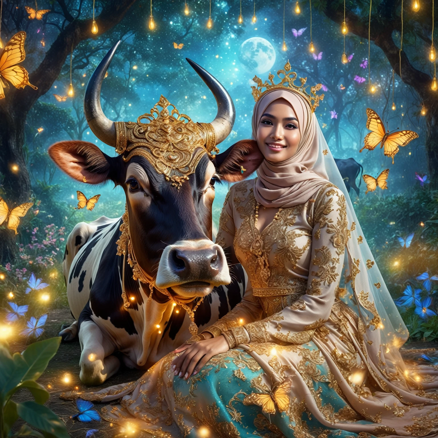 Stunning fantasy image, an Indonesian woman wearing a hijab and glamorous Muslim dress posing sitting with a cow while holding its head. The cow is wearing a gold necklace and crown, gaze at the camera, with a stunning abstract background in a paradise garden lit up by very beautiful fireflies, butterflies -butterflies decorating them, surreal background, she smiles, very pampering, Taken using iPhone15 Pro Max Camera, 1536px, photorealistic, high quality