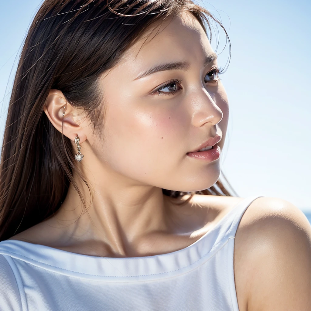 HASSELBLAD CAMERA, RAW photos, (Practical: 1.2), 1 Girl, (Beautiful and glamorous: 1.4), fluttering hair, White Off-the-shoulder Short-sleeved Top, White sports shorts, White sneakers, detailed face, beautiful eyes, (Perfect body: 1.2), Air bangs, Pink lips, (detail: 1.2), 8K Ultra HD,Realistic,a 24 year old woman, simple background,Elegant temperament,Oval face,Smile,Shoulder length short hair,Delicate skin texture,There is only a lavender hydrangea hairpin on the head,The distant view has a vast field of flowers.,Summer fresh and natural feeling,The face shooting angle is about 45 degrees,Eyes slightly looking up to the sky,The picture contains the entire upper body of the girl