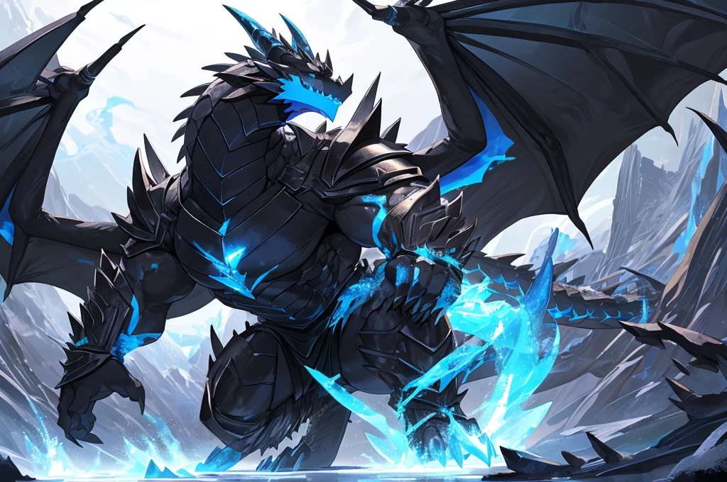 (The tyrannical and powerful Black Dragon King,Modern black and gold armor:2),(Large dragon body,Huge size,Majestic wingspan,Sharp thorns,Huge dragon claw,Huge paws,Thick dragon tail,The huge black dragon king,Black dragon:2),Strong physique,(Blue ice flame:2),Brutal Behemoth,war,glacier,Ice Dragon,Overwhelming presence,Full body picture,Very detailed,4k HD,HD Wallpapers