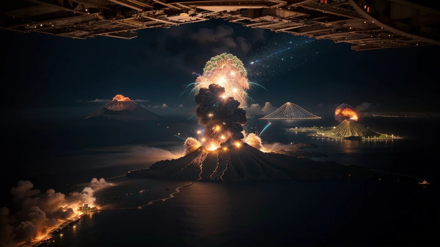 Multiple beautiful islands々With cityscape in the background Parts of islands and buildings、It is collapsing into a network of electron particles.。 A volcano is erupting。Various types of electron light。entertainment。